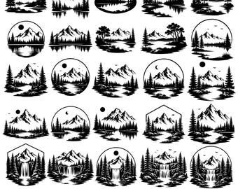 Ensemble de fichiers SVG de paysages de montagne, clipart nature, forêt, cascade, camping (25 motifs)