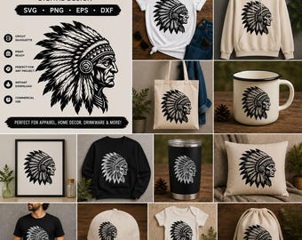 Krieger Kopf SVG, Indianer Vektor, Boho Design, Tattoo Clipart (Cricut Cut Datei)
