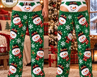 Custom Funny Christmas Pajama Pants, Faux Bare Butt Print, Personalized Holiday Lounge Pants, Group Matching Pants