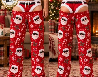 Personalized Funny Christmas Pajama Pants, Faux Bare Butt Print, Custom Holiday Lounge Pants, Group Matching Pants