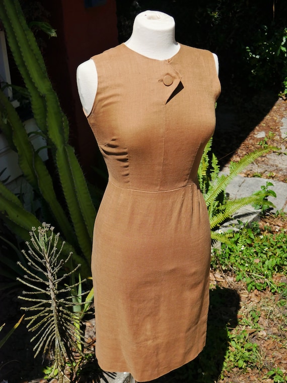 1960's Brown Linen Pencil Dress with Front Button