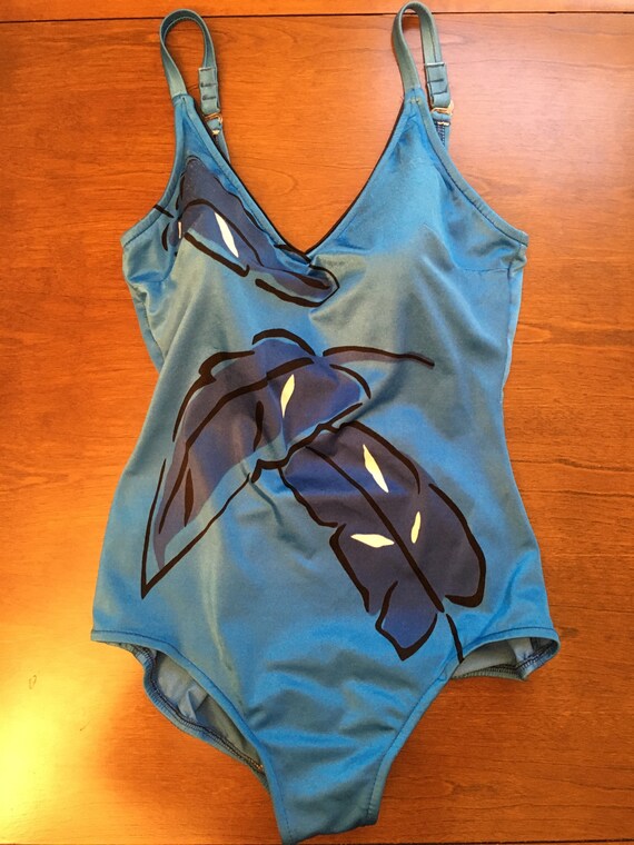 1970's One Piece Blue Bathing suit with Big Leaf Patt… Gem