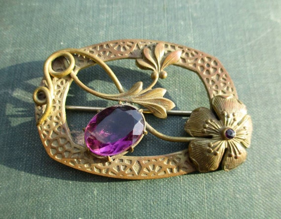 Vintage Edwardian Brass and Amethyst Glass Floral Brooch or - Etsy