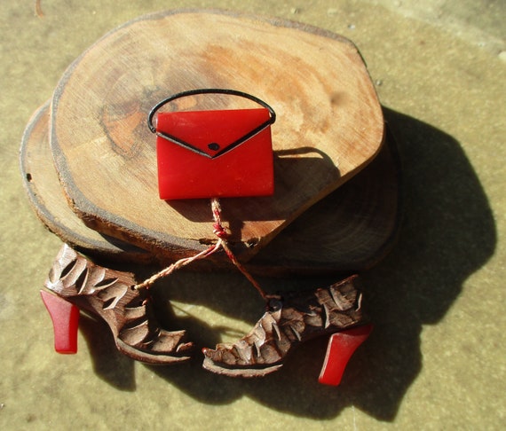 Vintage 1940s Red Bakelite Purse & Wood High Heels
