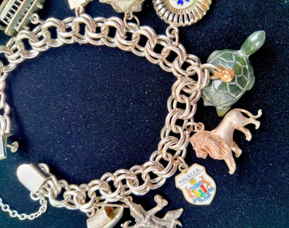 Sterling Silver Charm Bracelet With 12 Charms, Safety Clasp, Mid Century,  1960's Vintage, Fun to Wear, Instant History, Excellent Condition -   Finland