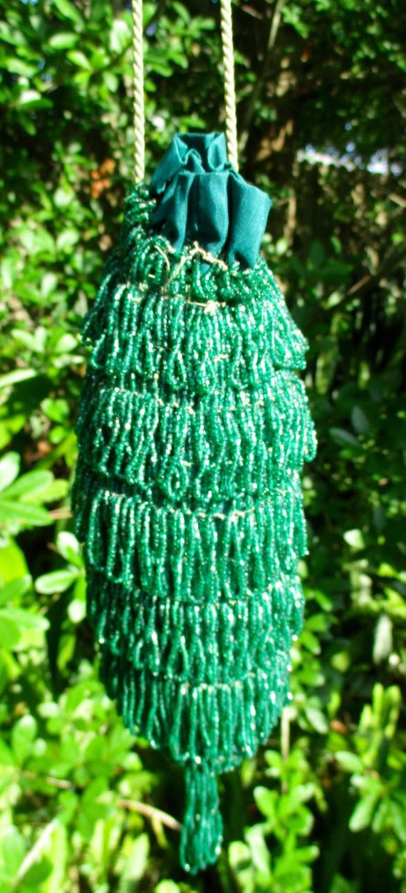 Vintage 1920s Beaded Fringe Emerald Green Flapper