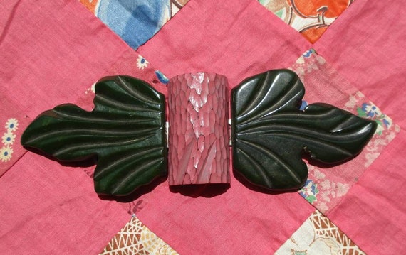 Huge Vintage 1940s Green Bakelite Leaves Belt Buc… - image 3