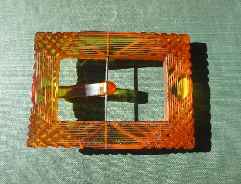 Vintage 1940s Large Carved Applejuice Bakelite Plastic Buckle