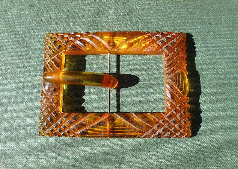 Vintage 1940s Large Carved Applejuice Bakelite Plastic Buckle