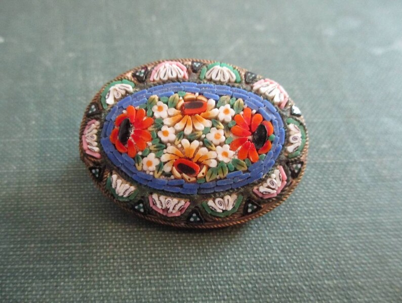 Vintage Italian Colorful Floral Mosaic Brooch