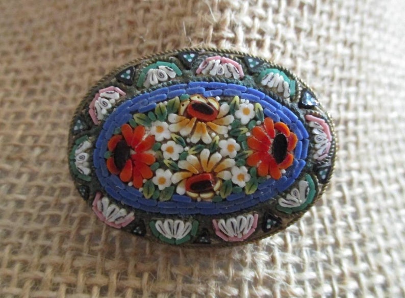 Vintage Italian Colorful Floral Mosaic Brooch