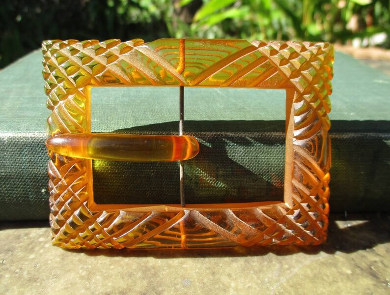 Vintage 1940s Large Carved Applejuice Bakelite Plastic Buckle
