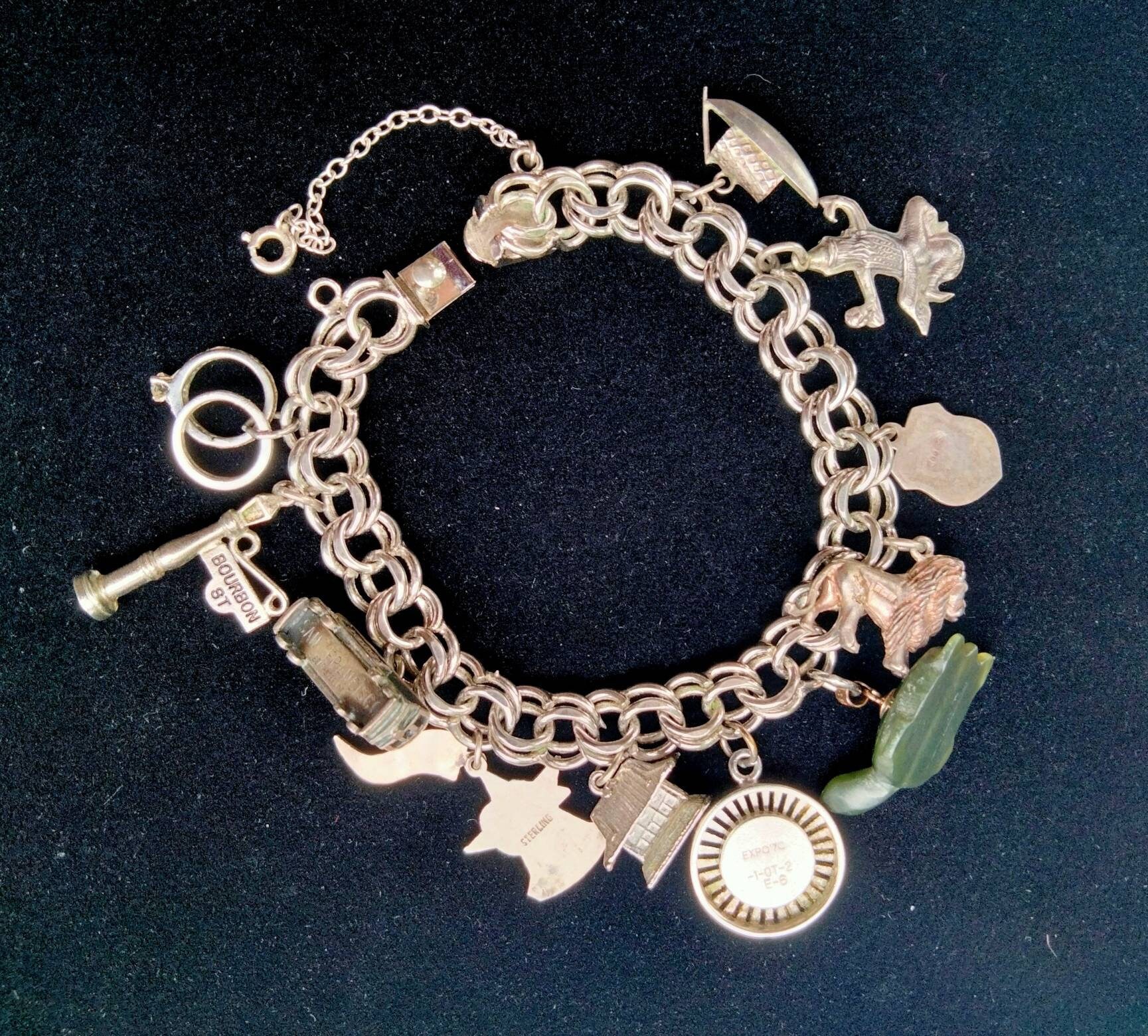 Sterling Silver Charm Bracelet With 12 Charms, Safety Clasp, Mid Century,  1960's Vintage, Fun to Wear, Instant History, Excellent Condition -   Finland