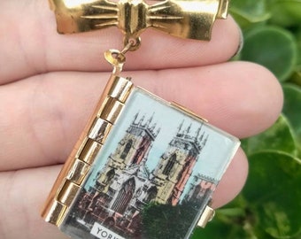 Vintage Yorkshire Souvenir Locket Brooch with Tiny Foldout Postcards