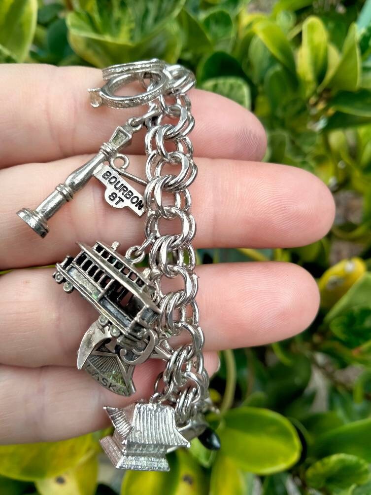 Sterling Silver Charm Bracelet With 12 Charms, Safety Clasp, Mid Century,  1960's Vintage, Fun to Wear, Instant History, Excellent Condition -   Finland