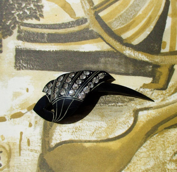 Vintage 1930s Art Deco Carved Black Celluloid & R… - image 2