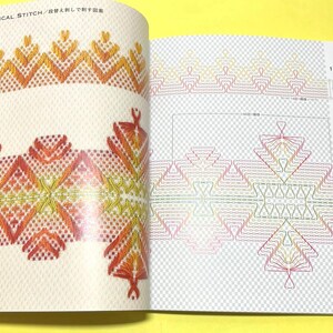 Puede incluir: P&aacute;gina de libro abierta con diagramas de puntadas de bordado. Los diagramas presentan patrones geom&eacute;tricos en tonos naranja, amarillo y rojo. El texto "VERTICAL STITCH" es visible en la parte superior de la p&aacute;gina.