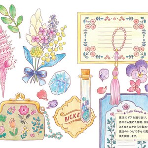 Puede incluir: Ilustraci&oacute;n en acuarela con varios elementos. Incluye una concha rosa, un ramo de flores, un cristal azul, un bolso con dise&ntilde;os florales, una botella con gemas y una etiqueta decorativa con la palabra "BICKE".