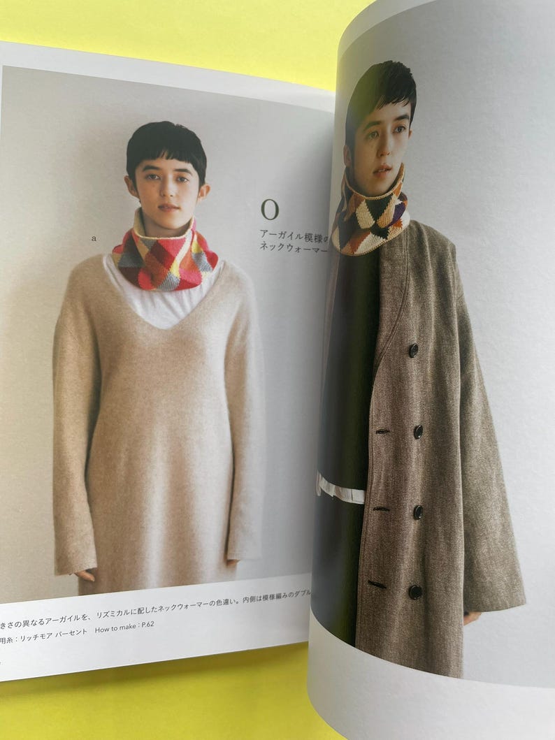 May include: A knitted neck warmer featuring a multi-coloured argyle pattern in shades of red, yellow, white, and grey. The neck warmer is displayed on a person wearing a beige V-neck sweater and also on a person wearing a brown coat.