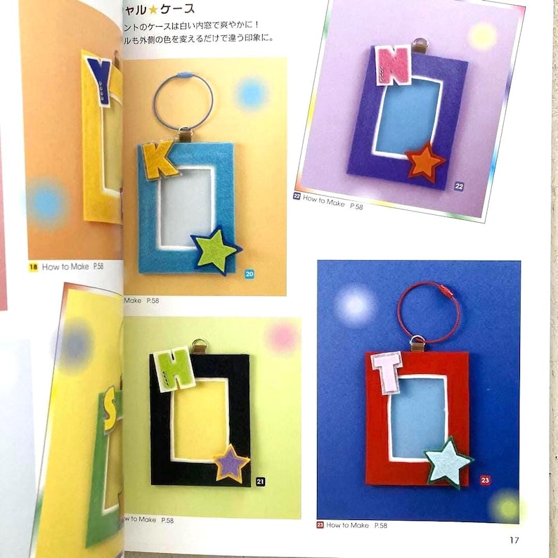 May include: A page from a craft book featuring handmade keychains. Each keychain has a rectangular frame with a letter, star, and a keyring. The frames are in blue, black, and red.