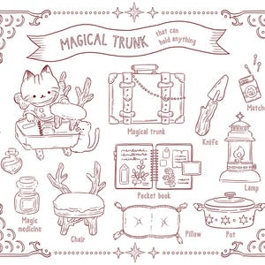 Puede incluir: Ilustraci&oacute;n de l&iacute;nea con tem&aacute;tica m&aacute;gica, con un gato, un ba&uacute;l, una silla y otros objetos. El texto dice "MAGICAL TRUNK" y "that can hold anything". La imagen est&aacute; delineada en marr&oacute;n.