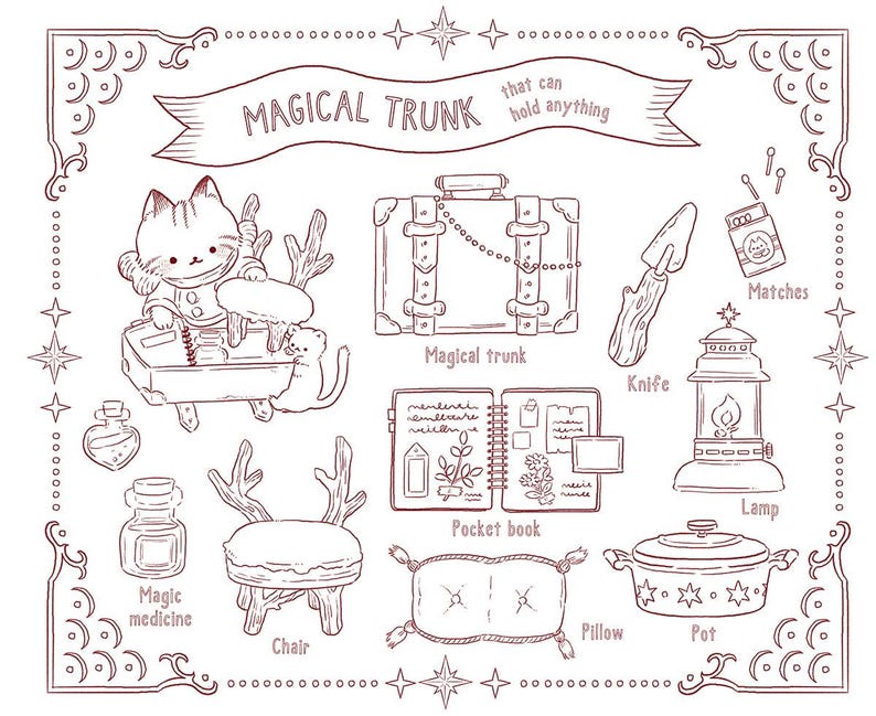 Puede incluir: Ilustraci&oacute;n de l&iacute;nea con tem&aacute;tica m&aacute;gica, con un gato, un ba&uacute;l, una silla y otros objetos. El texto dice "MAGICAL TRUNK" y "that can hold anything". La imagen est&aacute; delineada en marr&oacute;n.