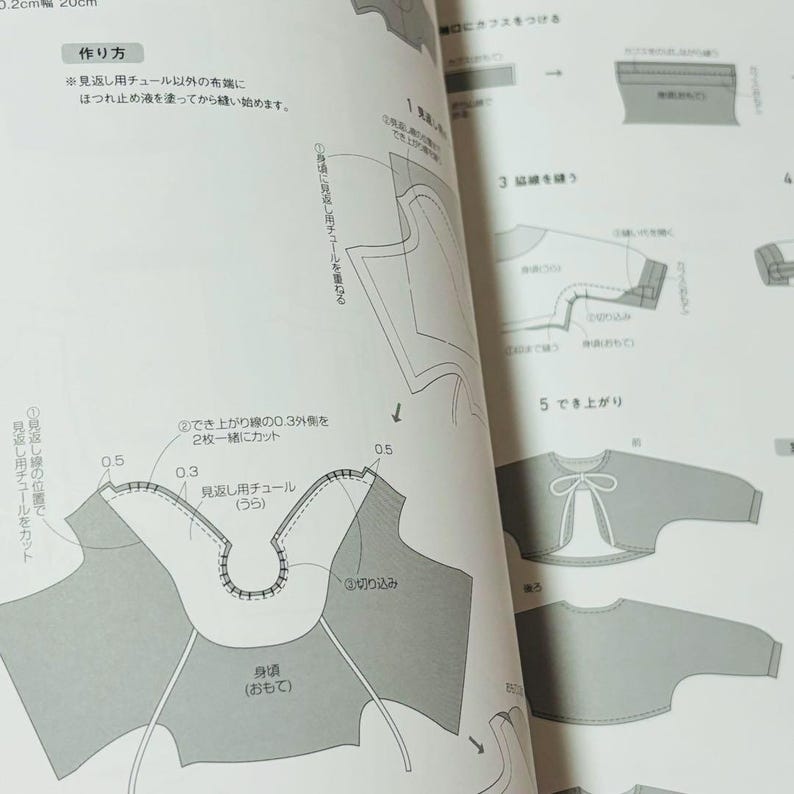 Op de afbeelding: Een open boek met gedetailleerde naaipatroondia's. De diagrammen bevatten afmetingen in centimeters en Japanse tekst, die de stappen voor de kledingconstructie illustreren. De pagina's zijn wit met zwarte en grijze illustraties.