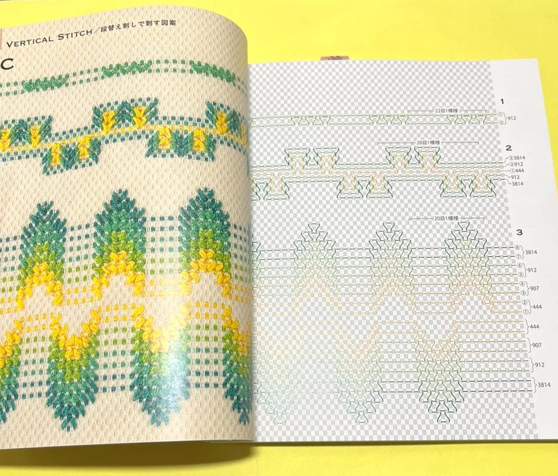 Puede incluir: Libro abierto que muestra patrones de puntadas de bordado. La p&aacute;gina izquierda muestra ejemplos de puntadas verticales verdes y amarillas. La p&aacute;gina derecha muestra diagramas de patrones de puntadas con n&uacute;meros. El texto en la parte superior izquierda dice "VERTICAL STITCH".