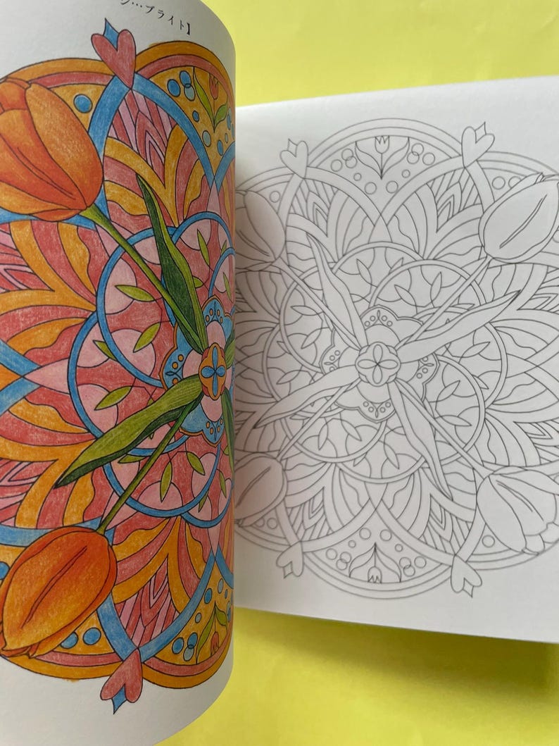 May include: A coloring book page featuring a circular mandala design with tulip motifs. The left side shows a partially colored version in shades of orange, pink, blue, and green, while the right side displays the identical black and white line art.