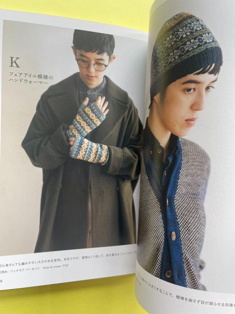 May include: A page from a book showing fingerless gloves with a blue, yellow, and white Fair Isle pattern, and a beanie with a multi-coloured Fair Isle pattern. The text K and Japanese characters are visible on the left side of the page.