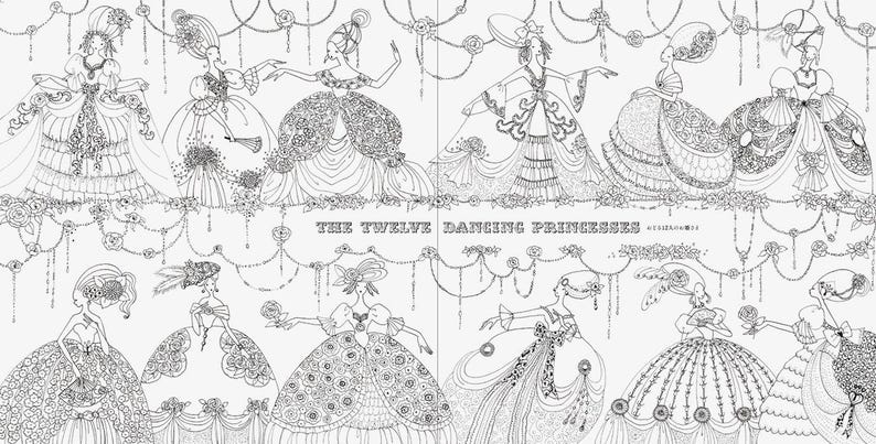 May include: Black and white illustration of twelve princesses in elaborate ball gowns. The image features detailed line art, with each princess in a unique dress design. The text "THE TWELVE DANCING PRINCESSES" is displayed in the center.