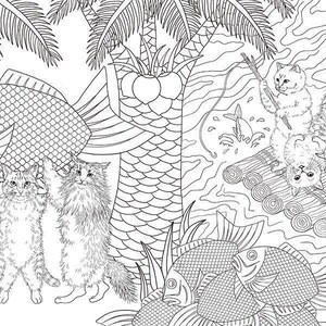May include: Black and white illustration of cats in a tropical setting. Some cats are fishing, others are on a raft with a flag that says "MANPUKU CATS", and some are standing near a large fish.