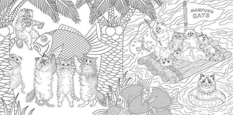 May include: Black and white illustration of cats in a tropical setting. Some cats are fishing, others are on a raft with a flag that says "MANPUKU CATS", and some are standing near a large fish.
