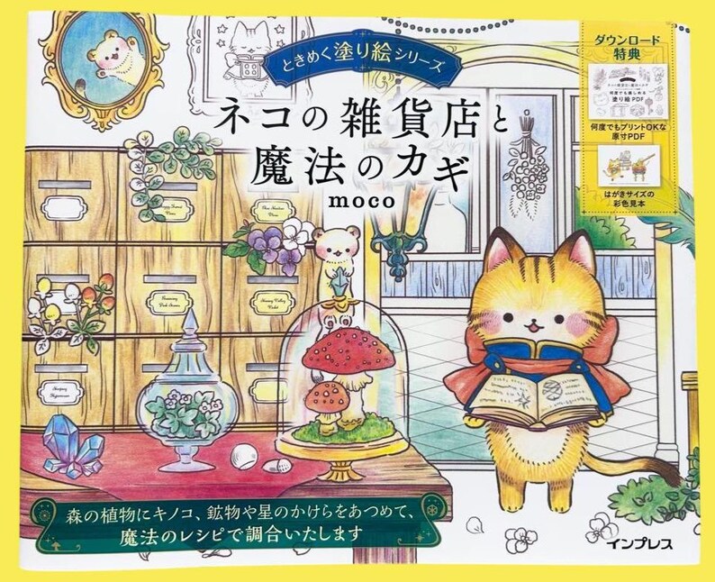 Puede incluir: Portada de un libro para colorear con un gato de dibujos animados sosteniendo un libro. El t&iacute;tulo est&aacute; en japon&eacute;s: "Neko no Zakkaten to Maho no Kagi". La portada incluye ilustraciones de plantas, setas y cristales, con texto japon&eacute;s.