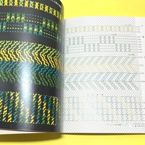 Puede incluir: Libro abierto con p&aacute;ginas que muestran patrones de puntadas coloridas. La p&aacute;gina izquierda muestra filas de dise&ntilde;os verdes, amarillos y turquesas sobre un fondo negro. La p&aacute;gina derecha presenta patrones similares en una paleta de colores m&aacute;s clara, con diagramas numerados.