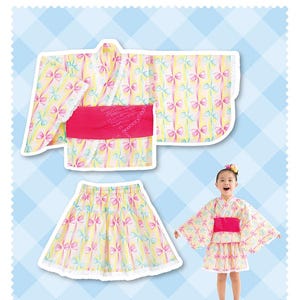 May include: A children's Yukata dress set with a matching top, skirt, and obi sash. The dress features a yellow and white bow pattern with pink accents. The set includes a sample image of a child wearing the dress.