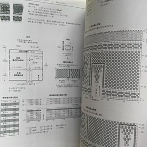 May include: An open instructional craft book featuring detailed knitting patterns for hand warmers. The pages display black and white grid charts, technical diagrams with metric measurements, and Japanese text instructions for creating Nordic-style designs.