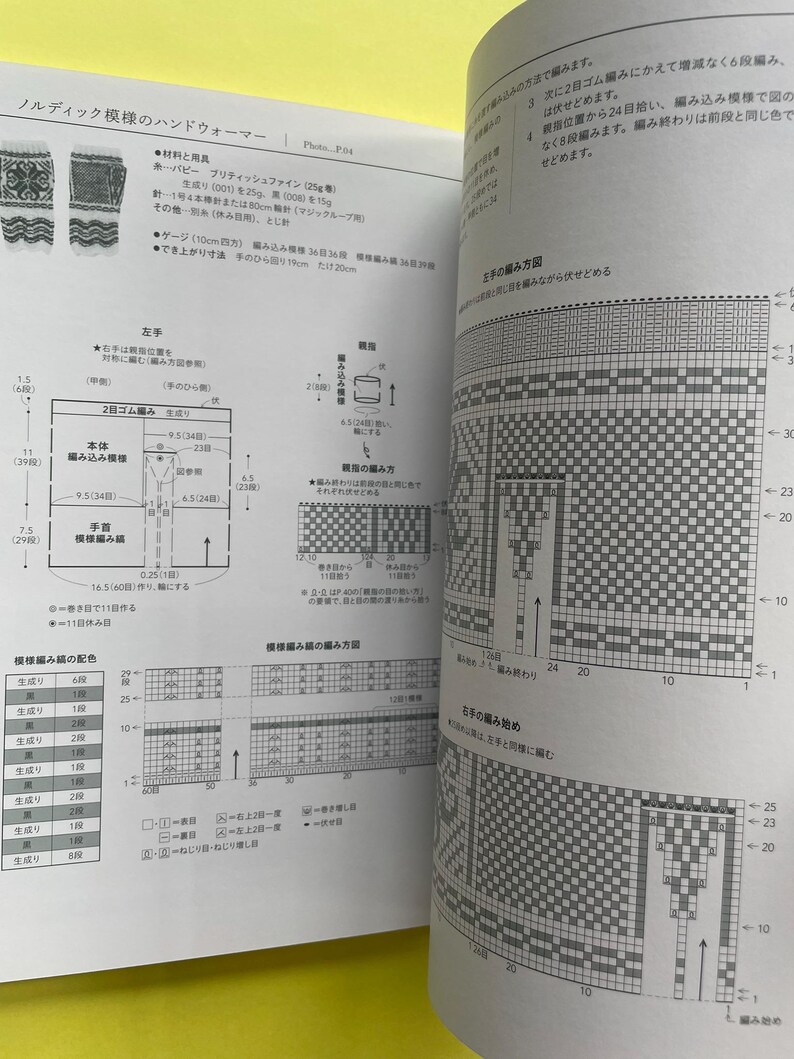 May include: An open instructional craft book featuring detailed knitting patterns for hand warmers. The pages display black and white grid charts, technical diagrams with metric measurements, and Japanese text instructions for creating Nordic-style designs.