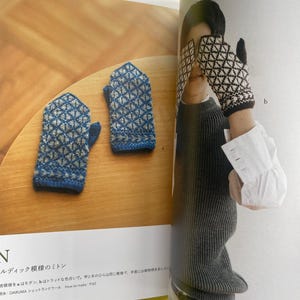 May include: A pair of blue and grey knit mittens with a geometric diamond pattern and a solid blue cuff. The mittens are displayed on a page alongside a photograph of a pair of brown and white knit mittens with a similar diamond pattern.