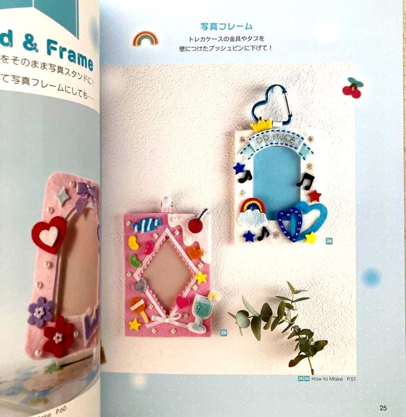 May include: Three decorative photo frames in a craft book. The frames are pink and decorated with felt shapes like hearts, stars, and rainbows. One frame has the text "BIG PEACE". The frames are displayed on a light blue background.