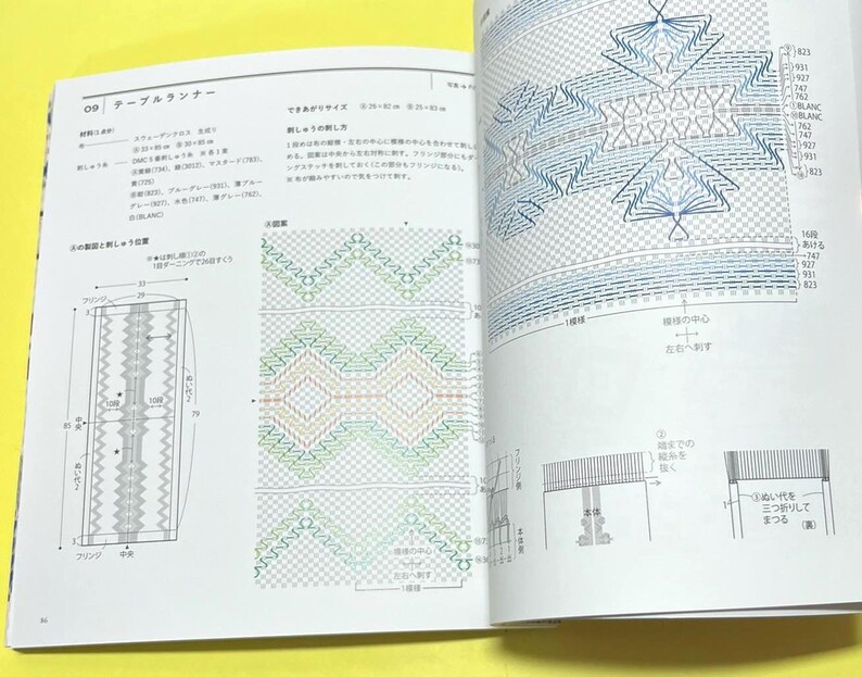 Puede incluir: Libro abierto con diagramas e instrucciones detalladas para un proyecto de camino de mesa. Las p&aacute;ginas presentan ilustraciones del dise&ntilde;o terminado, junto con medidas y patrones de puntadas. El texto est&aacute; en japon&eacute;s.
