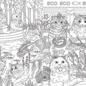 May include: Detailed black and white illustration featuring cats in a humorous setting. Some cats are fishing, others are at a seafood market. The image includes fish, an octopus, and the text "SCO SCO SEAFOOD MARKET".