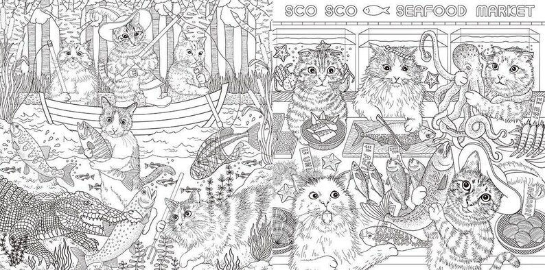 May include: Detailed black and white illustration featuring cats in a humorous setting. Some cats are fishing, others are at a seafood market. The image includes fish, an octopus, and the text "SCO SCO SEAFOOD MARKET".
