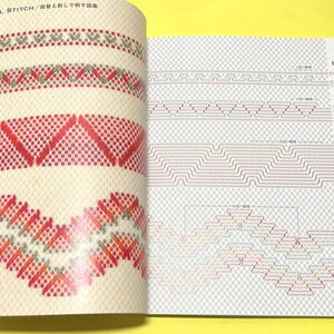 Puede incluir: Libro abierto que muestra patrones de puntadas de bordado. La p&aacute;gina izquierda muestra varios dise&ntilde;os de punto de cruz rojos y verdes sobre un fondo crema. La p&aacute;gina derecha presenta diagramas de variaciones de puntadas con etiquetas num&eacute;ricas y medidas.