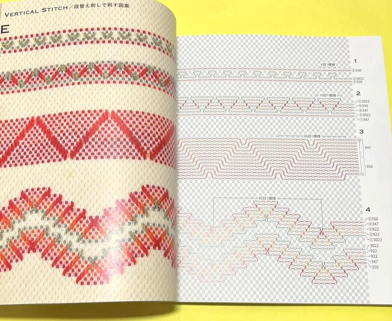 Puede incluir: Libro abierto que muestra patrones de puntadas de bordado. La p&aacute;gina izquierda muestra varios dise&ntilde;os de punto de cruz rojos y verdes sobre un fondo crema. La p&aacute;gina derecha presenta diagramas de variaciones de puntadas con etiquetas num&eacute;ricas y medidas.