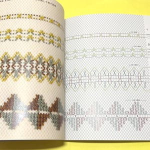 Puede incluir: Libro abierto que muestra patrones de puntadas de bordado. La p&aacute;gina izquierda muestra varios dise&ntilde;os de bordes bordados en amarillo, marr&oacute;n y gris. La p&aacute;gina derecha presenta dibujos lineales de patrones de puntadas con medidas. El texto "FIGURE EIGHT" es visible.