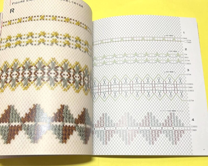 Puede incluir: Libro abierto que muestra patrones de puntadas de bordado. La p&aacute;gina izquierda muestra varios dise&ntilde;os de bordes bordados en amarillo, marr&oacute;n y gris. La p&aacute;gina derecha presenta dibujos lineales de patrones de puntadas con medidas. El texto "FIGURE EIGHT" es visible.