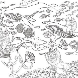 May include: A black and white line drawing showing whales, fish, jellyfish, and cats. The cats are riding the whales and holding flowers. The image has a whimsical, fantasy theme, suitable for colouring.
