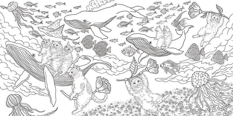May include: A black and white line drawing showing whales, fish, jellyfish, and cats. The cats are riding the whales and holding flowers. The image has a whimsical, fantasy theme, suitable for colouring.