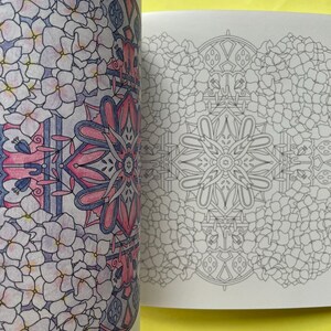 May include: A coloring book with two pages showing intricate floral and geometric patterns. The left page is partially colored in shades of pink, blue, and purple, featuring hydrangea-like flowers and umbrellas. The right page is a black and white line art.